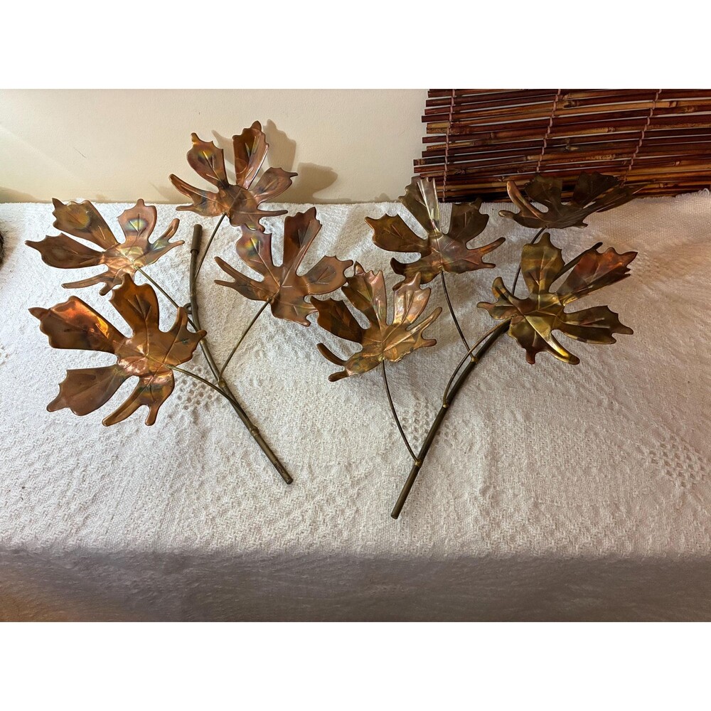 Vintage Metal Leaf Wall Art - Copper & Brass - Brutalist Autumn Decor (Set of 2)